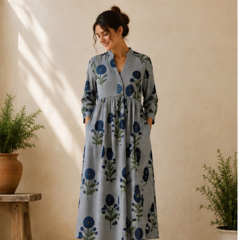 Klänning blå blommor, one size