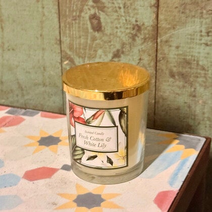 Dekorativt ljus i glas, guldfärgat lock