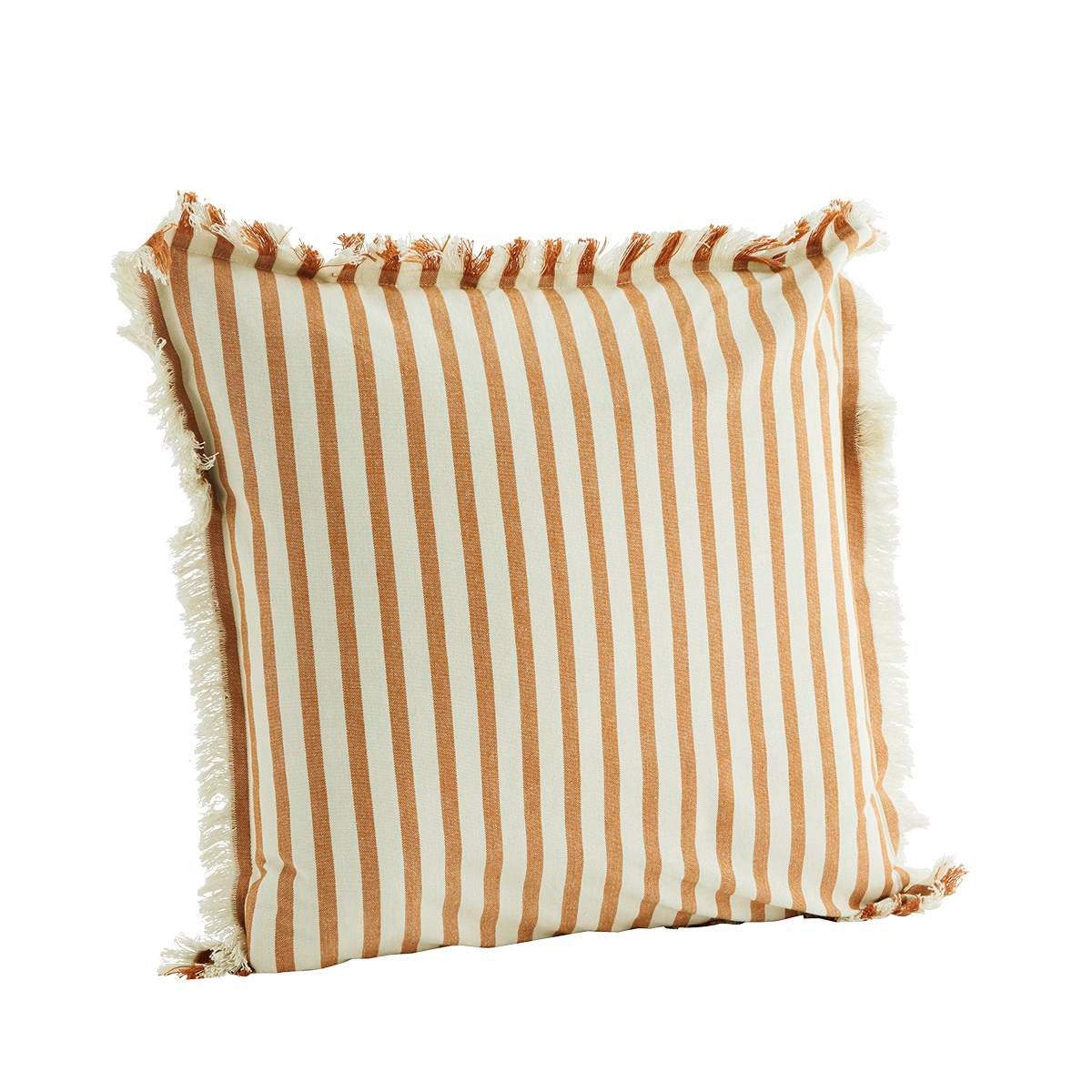 Randigt kuddfodral i honung med fransar 50x50 cm