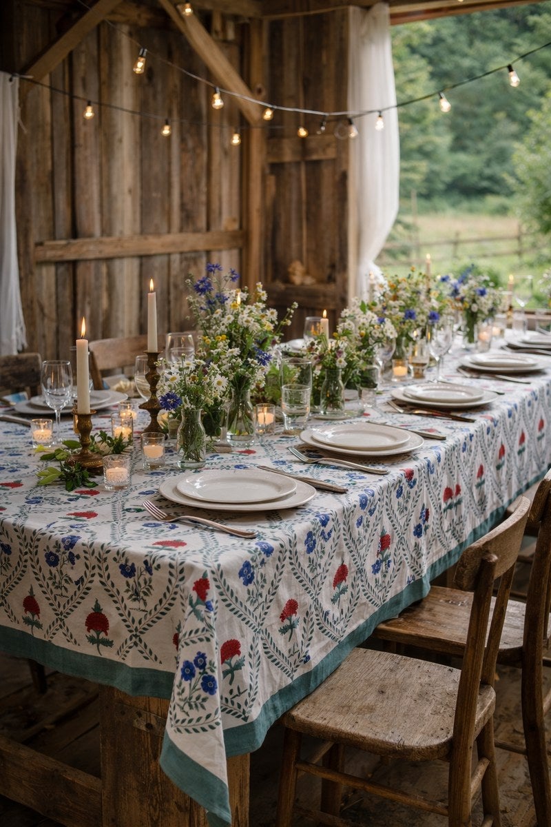 Duk, röda och blå blommor